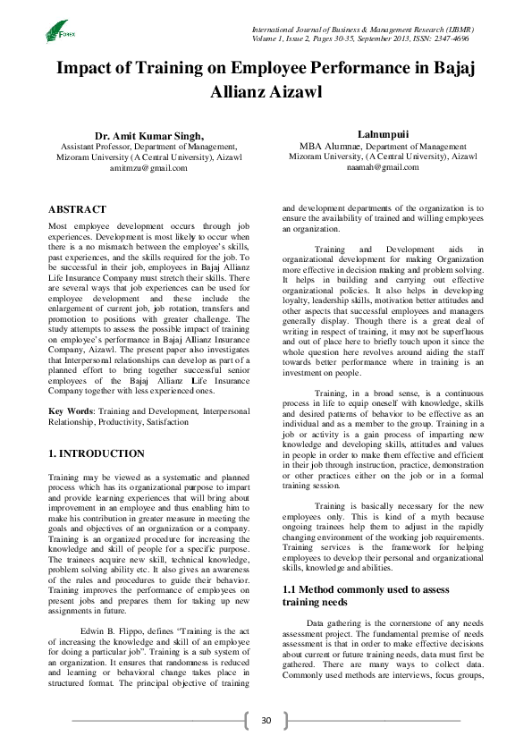 (PDF) Impact of Training on Employee Performance in Bajaj Allianz Aizawl