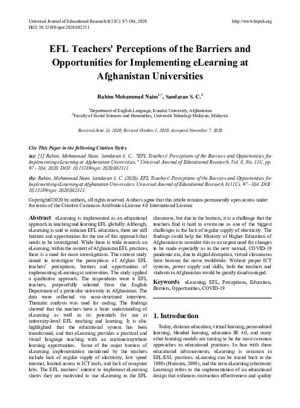 (PDF) EFL Teachers' Perceptions of the Barriers and Opportunities for ...