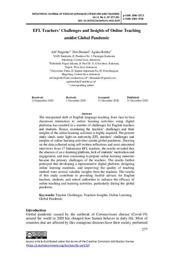 (PDF) EFL Teachers' Challenges and Insights of Online Teaching amidst ...