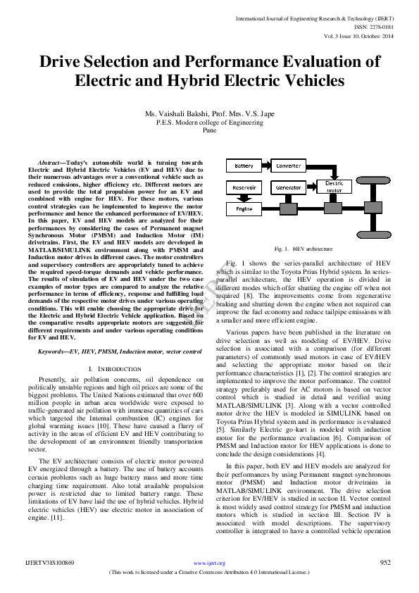(PDF) IJERTDrive Selection and Performance Evaluation of Electric and