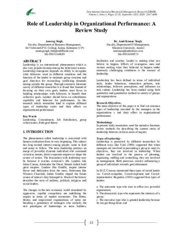 (PDF) Role of Leadership in Organizational Performance: A Review Study