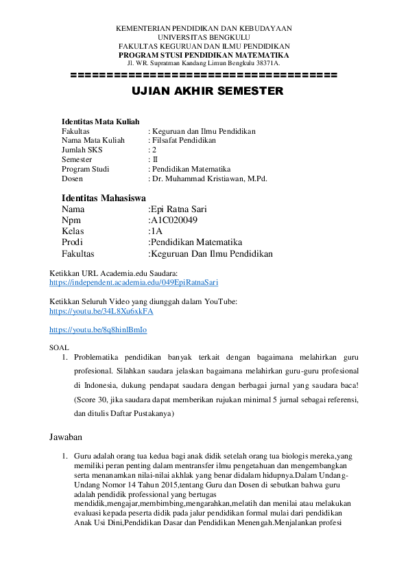 UJIAN AKHIR SEMESTER Filsafat Pendidikan