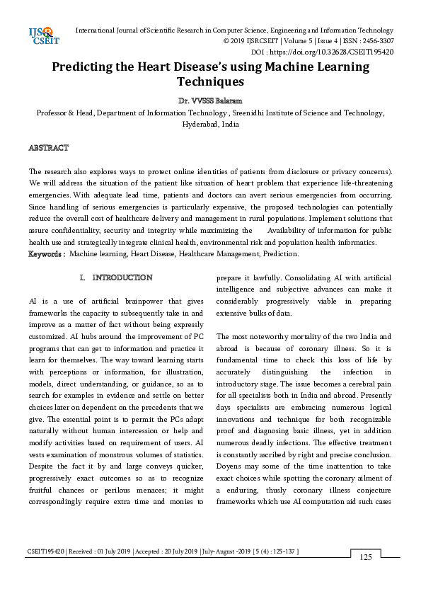 (PDF) Predicting the Heart Disease's using Machine Learning Techniques