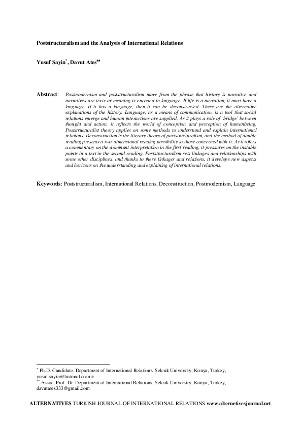 (PDF) Poststructuralism and the Analysis of International Relations