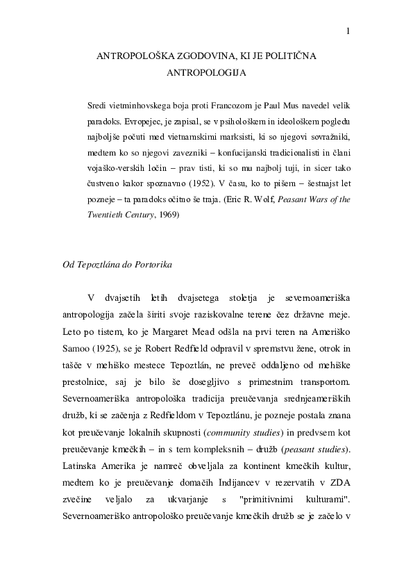 (PDF) Eric Wolf: Antropološka zgodovina, ki je politična antropologija ...