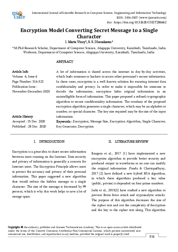 (PDF) Encryption Model Converting Secret Message to a Single Character