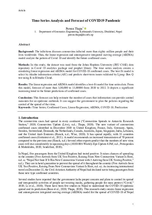 (PDF) Time Series Analysis and Forecast of COVID19 Pandemic