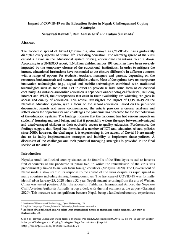 (PDF) Impact of COVID-19 on the Education Sector in Nepal: Challenges ...