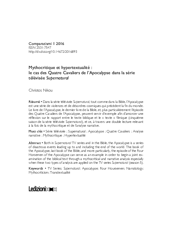 (PDF) Mythocritique et hypertextualité : le cas des Quatre Cavaliers de ...