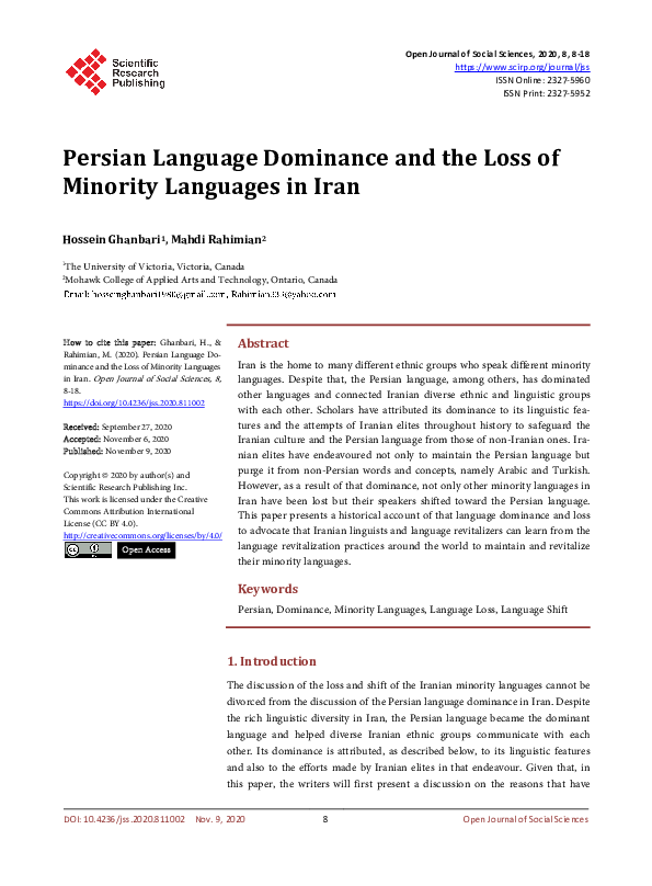 (PDF) Persian Language Dominance and the Loss of Minority Languages in Iran