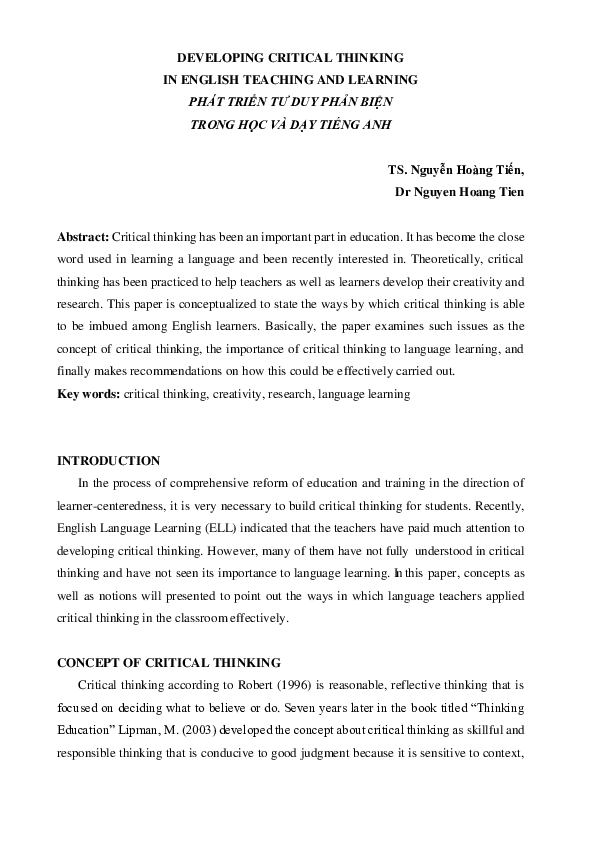 (PDF) DEVELOPING CRITICAL THINKING IN ENGLISH TEACHING AND LEARNING ...
