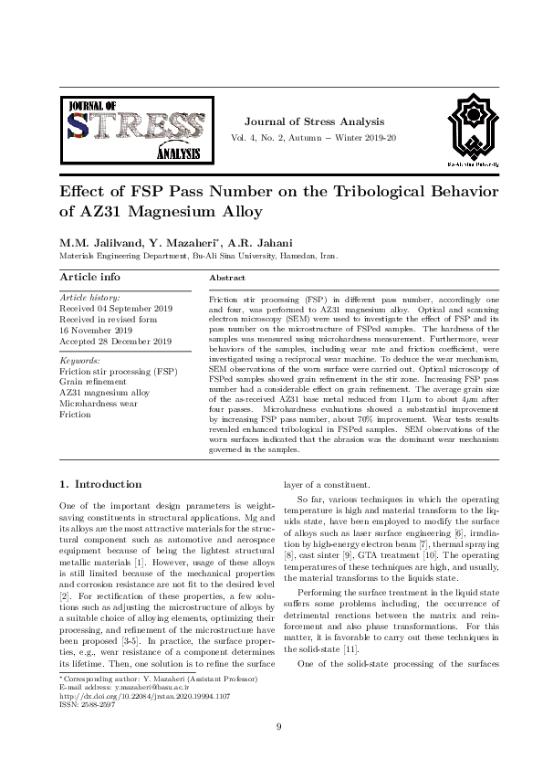 (PDF) Effect of FSP Pass Number on the Tribological Behavior of AZ31 ...