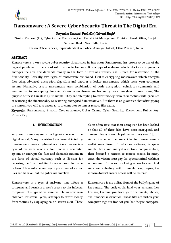 (PDF) Ransomware : A Severe Cyber Security Threat in The Digital Era