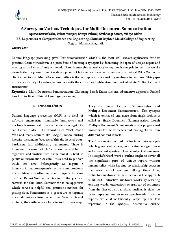 (PDF) A Survey on Various Techniques for Multi-Document Summarization