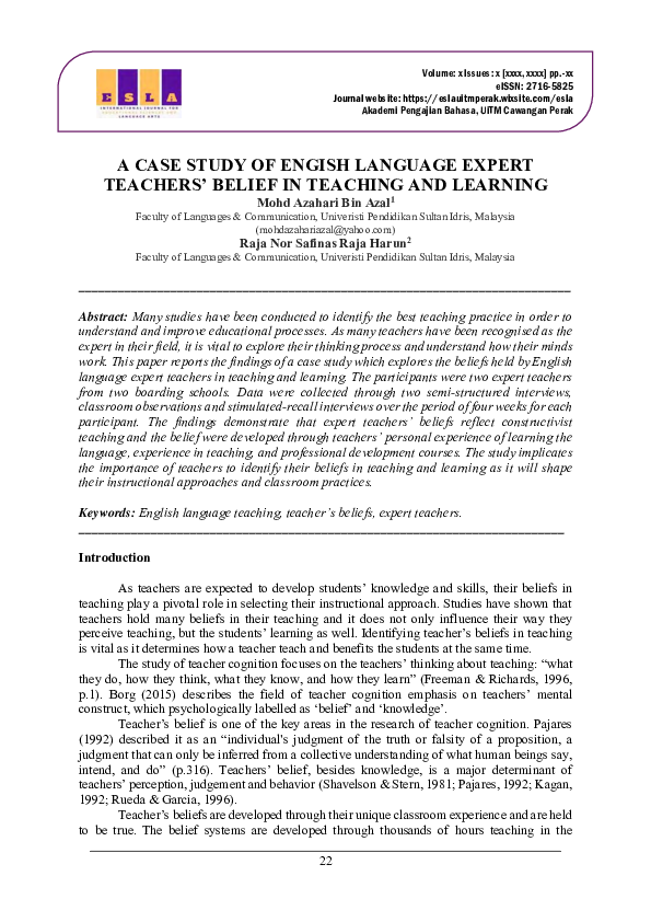 (PDF) A Case Study of English Language Expert Teachers' Belief in ...