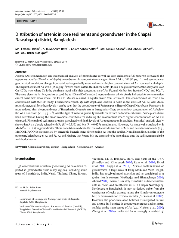 (PDF) Distribution of arsenic in core sediments and groundwater in the ...