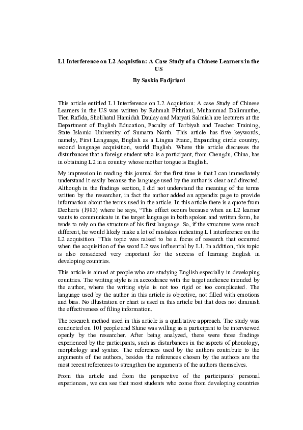 (DOC) L1 INTERFERENCE ON L2 ACQUISTION: A CASE STUDY OF A CHINESE ...