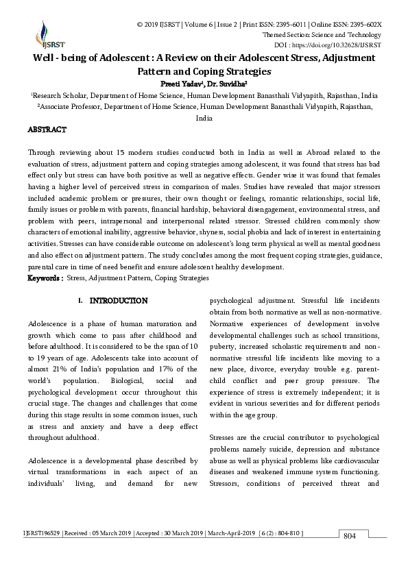 (PDF) Well - being of Adolescent : A Review on their Adolescent Stress ...