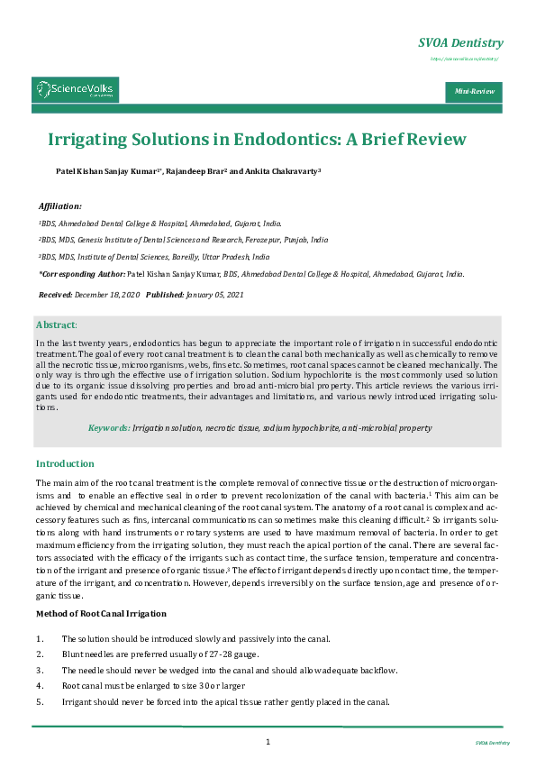(PDF) Irrigating Solutions in Endodontics A Brief Review