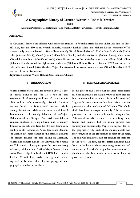(PDF) A Geographical Study of Ground Water in Rohtak District