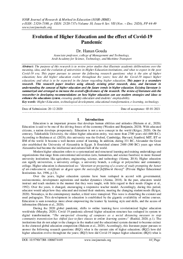 (PDF) Evolution of Higher Education and the effect of Covid-19 Pandemic