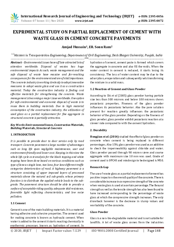 (PDF) IRJET- EXPRIMENTAL STUDY ON PARTIAL REPLACEMENT OF CEMENT WITH ...