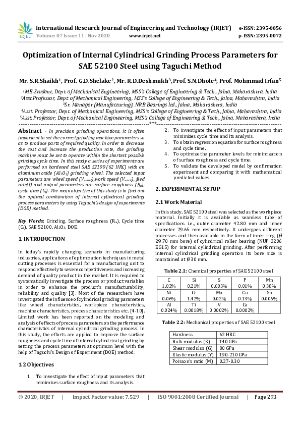 (PDF) IRJET Optimization of Internal Cylindrical Grinding Process Parameters for SAE 52100