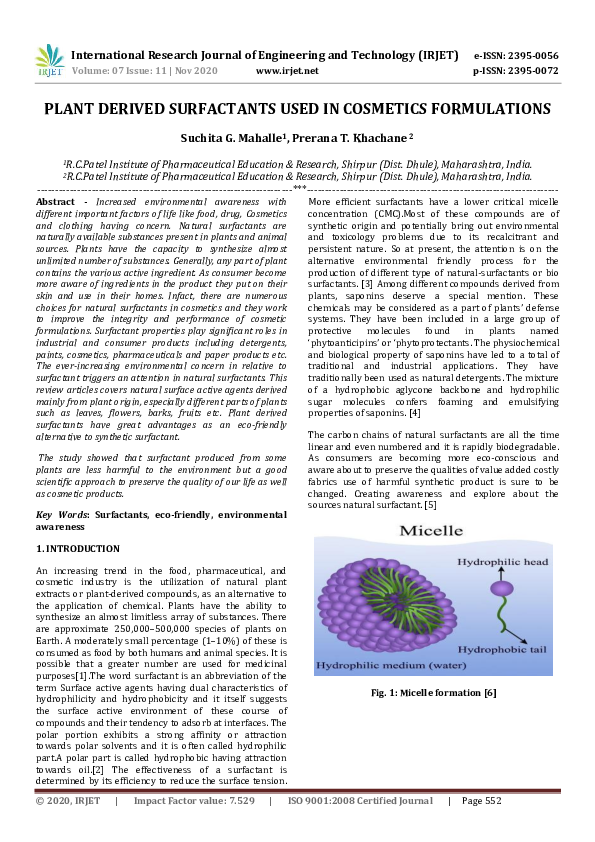 PDF) IRJET- PLANT DERIVED SURFACTANTS USED IN COSMETICS FORMULATIONS