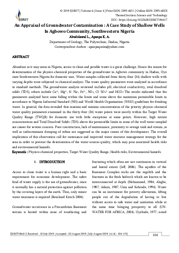 (PDF) An Appraisal of Groundwater Contamination : A Case Study of ...