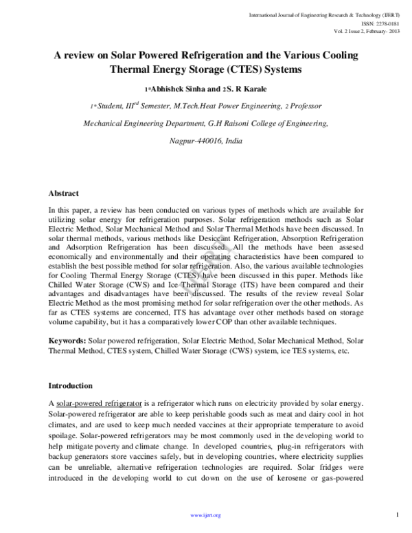 (PDF) IJERT-A review on Solar Powered Refrigeration and the Various ...