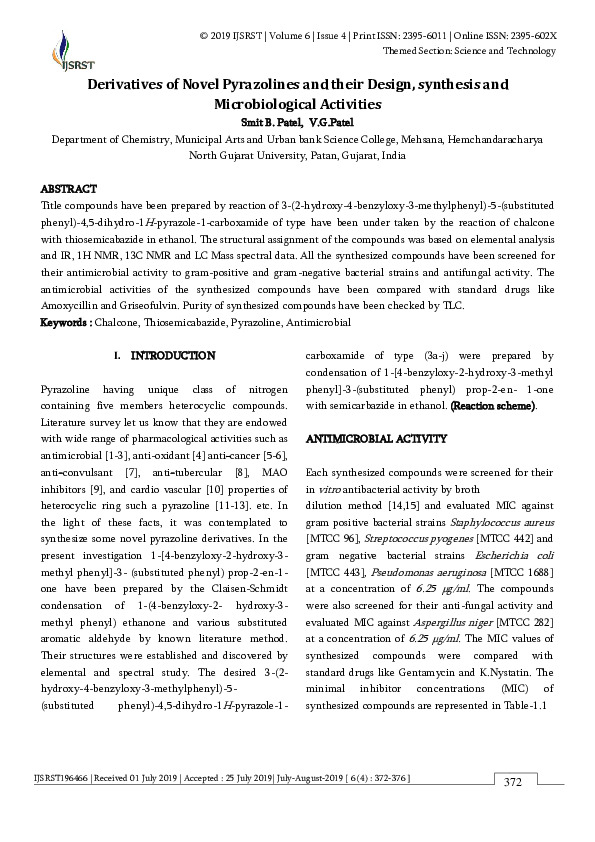 (PDF) Derivatives of Novel Pyrazolines and their Design, synthesis and ...