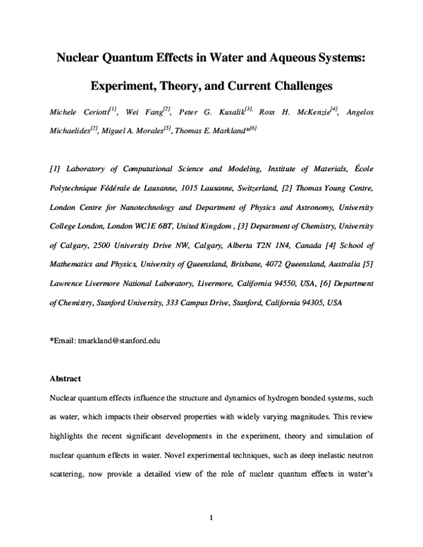 (PDF) Nuclear Quantum Effects in Water and Aqueous Systems: Experiment ...