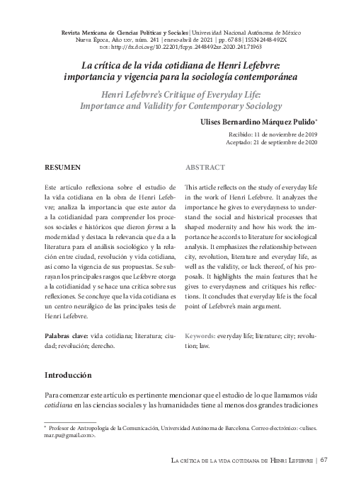 (PDF) La crítica de la vida cotidiana de Henri Lefebvre importancia y