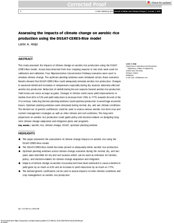 (PDF) Assessing the impacts of climate change on aerobic rice ...