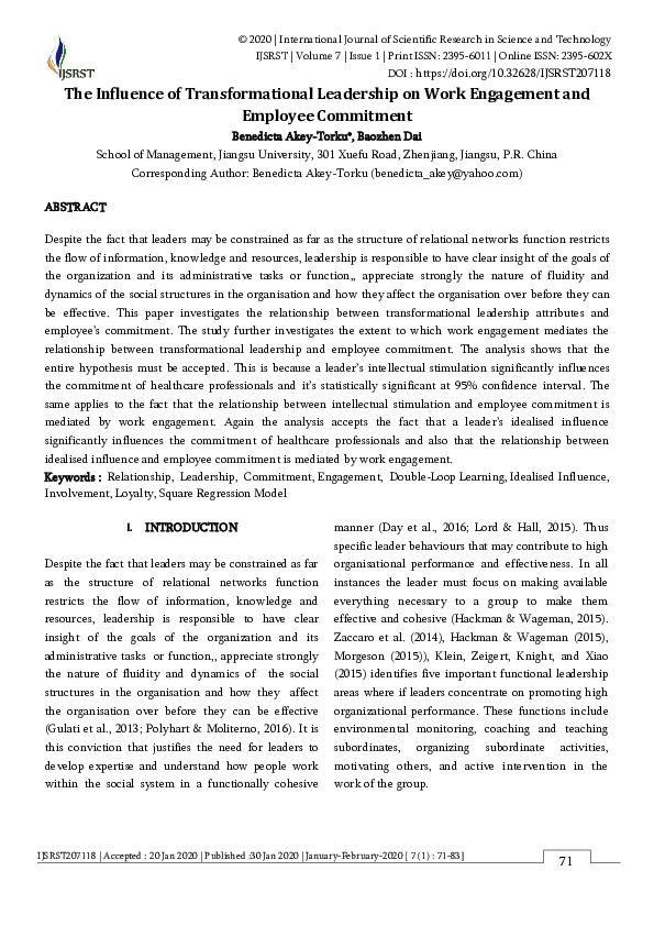 (PDF) The Influence of Transformational Leadership on Work Engagement ...