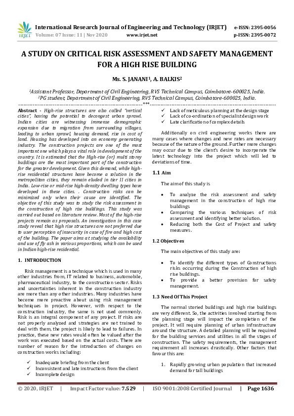 (PDF) IRJET- A STUDY ON CRITICAL RISK ASSESSMENT AND SAFETY MANAGEMENT ...