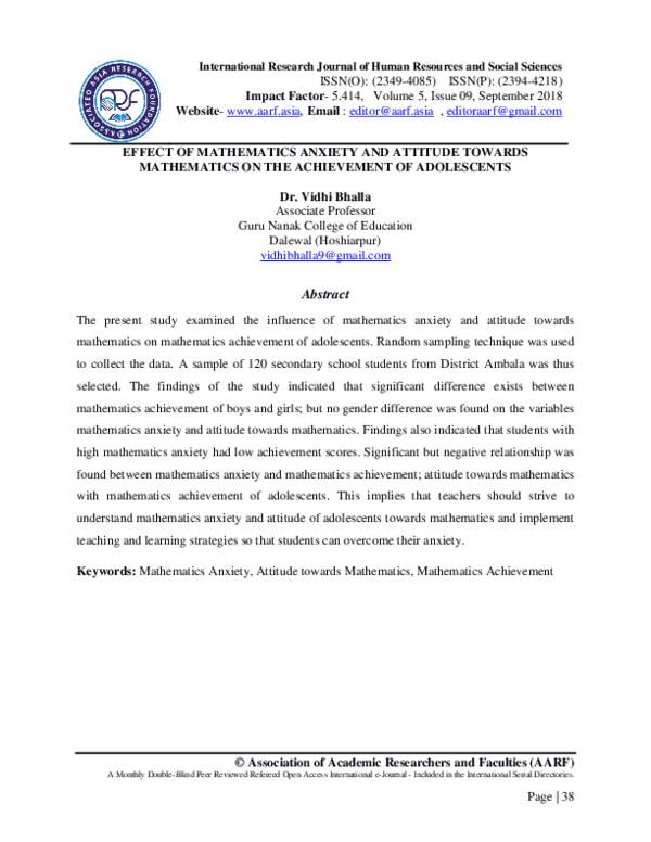 (PDF) EFFECT OF MATHEMATICS ANXIETY AND ATTITUDE TOWARDS MATHEMATICS ON ...