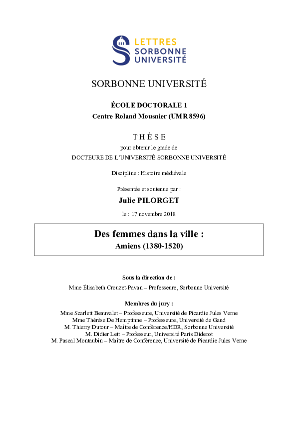 Des femmes dans la ville : Amiens (1380-1520). Position de thèse Pilorget Julie
