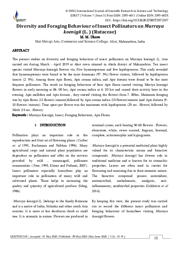 (PDF) Diversity and Foraging Behaviour of Insect Pollinators on Murraya ...