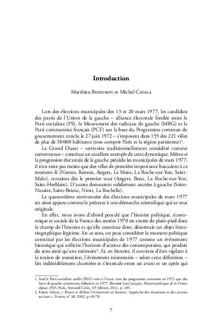 Matthieu Boisdron, Michel Catala (dir.), Les élections municipales de 1977, Rennes, Presses universitaires de Rennes, 2020.