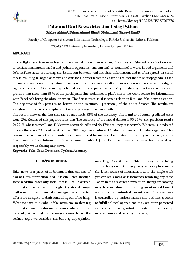 (PDF) Fake and Real News detection Using Python