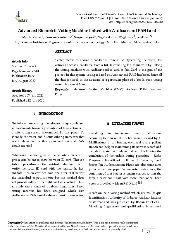 (PDF) Advanced Biometric Voting machine linked with Aadhaar and PAN card