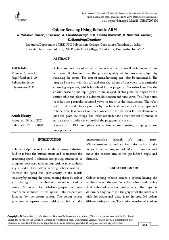 (PDF) Colour Sensing Using Robotic ARM