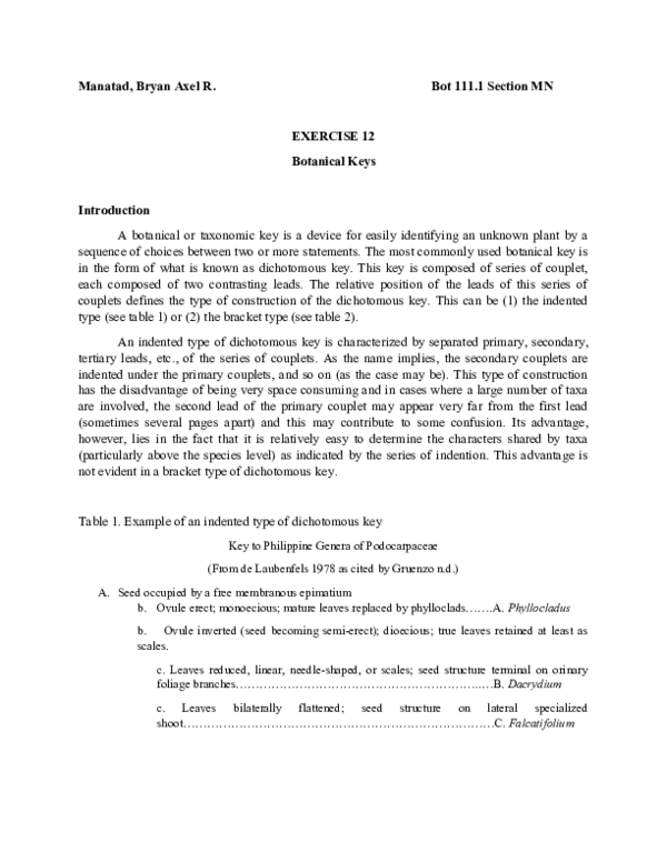 (DOC) Bot 111.1 Section MN EXERCISE 12 Botanical Keys