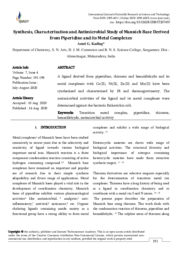 (PDF) Synthesis, Characterization and Antimicrobial Study of Mannich ...