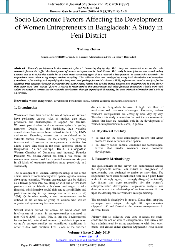 (PDF) Socio Economic Factors Affecting the Development of Women ...
