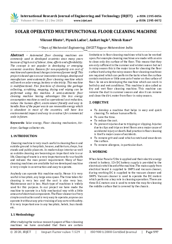 (PDF) IRJET SOLAR OPERATED MULTIFUNCTIONAL FLOOR CLEANING MACHINE