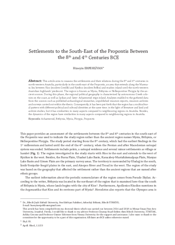 (PDF) Settlements to the South-East of the Propontis Between the 8th ...