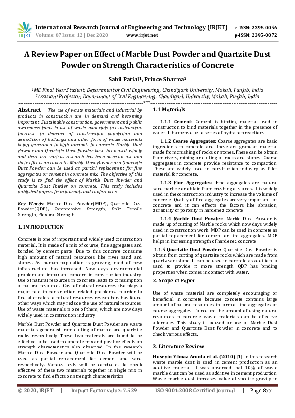 (PDF) IRJET A Review Paper on Effect of Marble Dust Powder and
