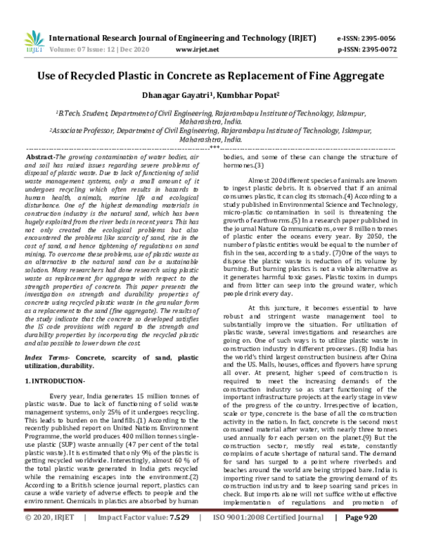 (PDF) IRJET- Use of Recycled Plastic in Concrete as Replacement of Fine ...